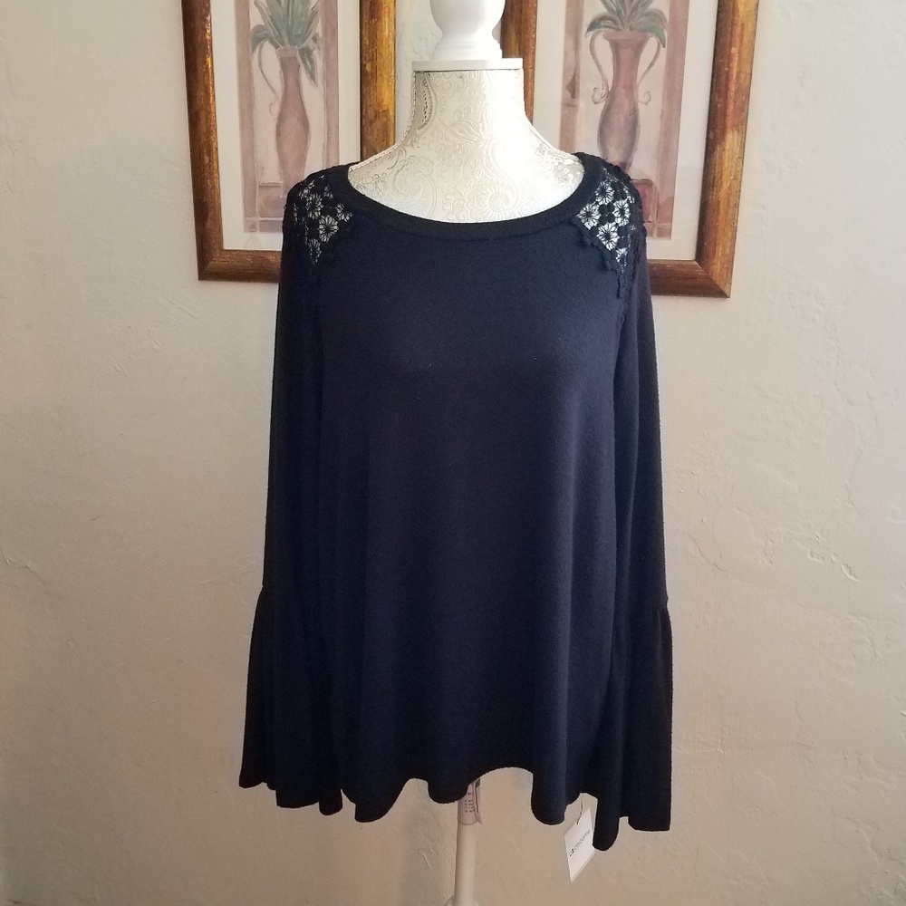 Liz Claiborne Bkack, Bell Shaped Long Sleeve Top with Crochet Accent